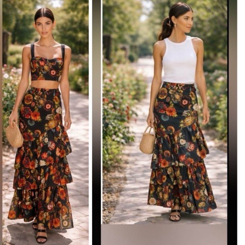NWT Cara Cara Priya Tiered Maxi Skirt in Black Harvest Bloom Sz 10